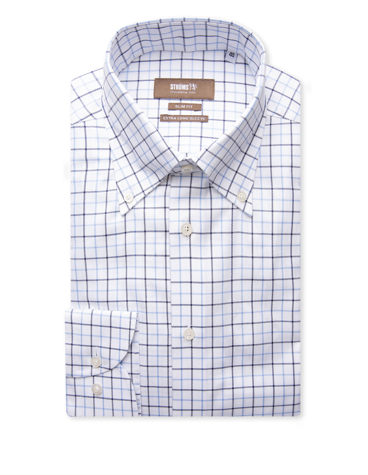 Slim Fit XLÄ Skjorta Button Down Bomull Tattersall Vit/Blå Ruta