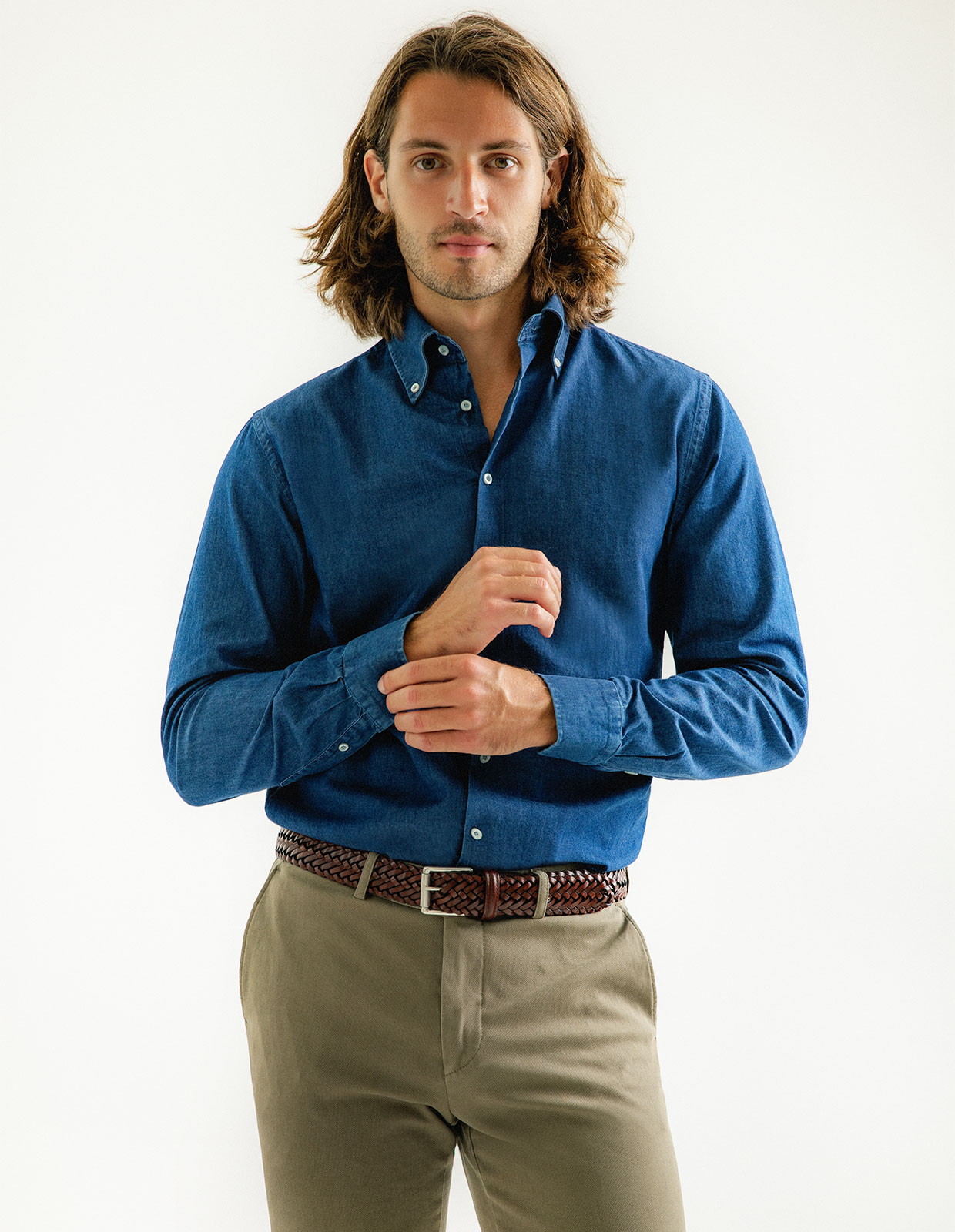 Regular Fit Extra Lång Ärm Denim Skjorta Mörkblå