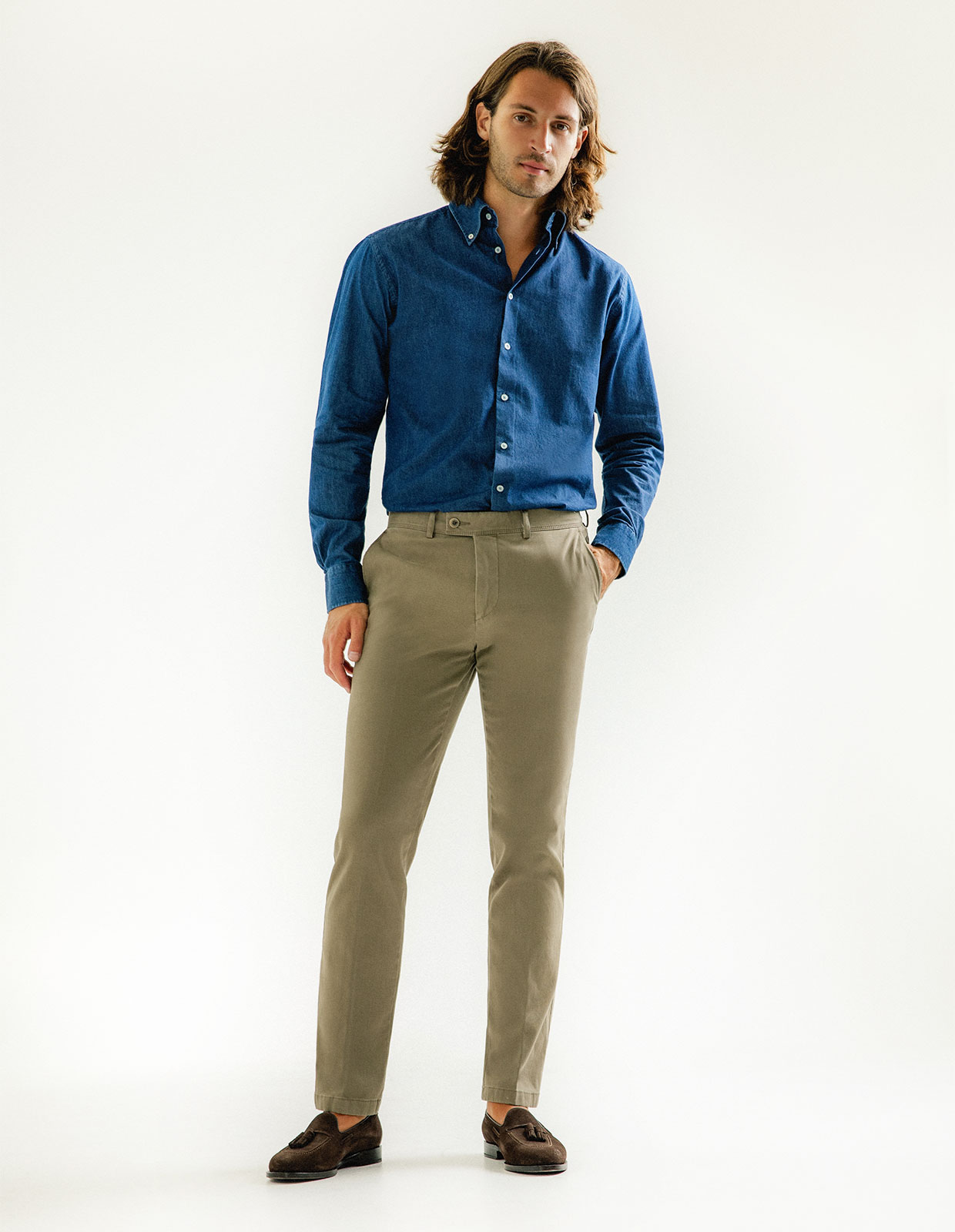 Regular Fit Extra Lång Ärm Denim Skjorta Mörkblå