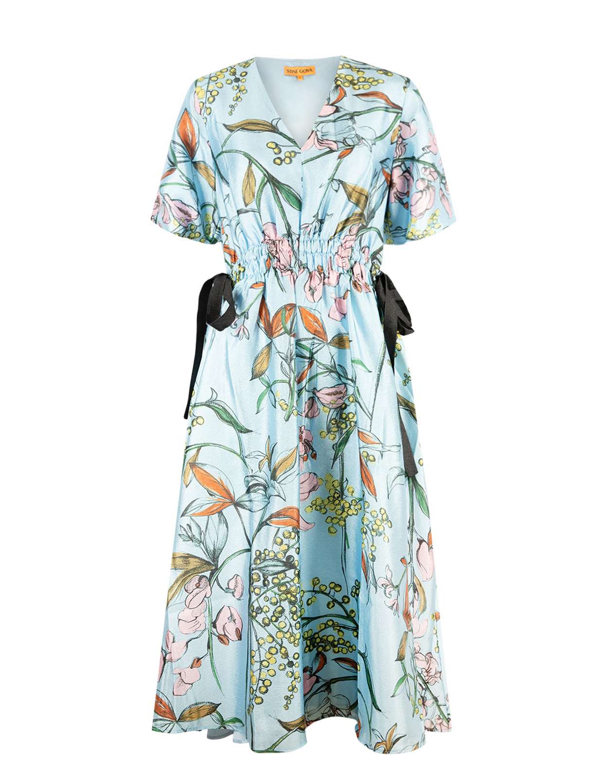 Waist Tie Midi Klänning Blå Blommig