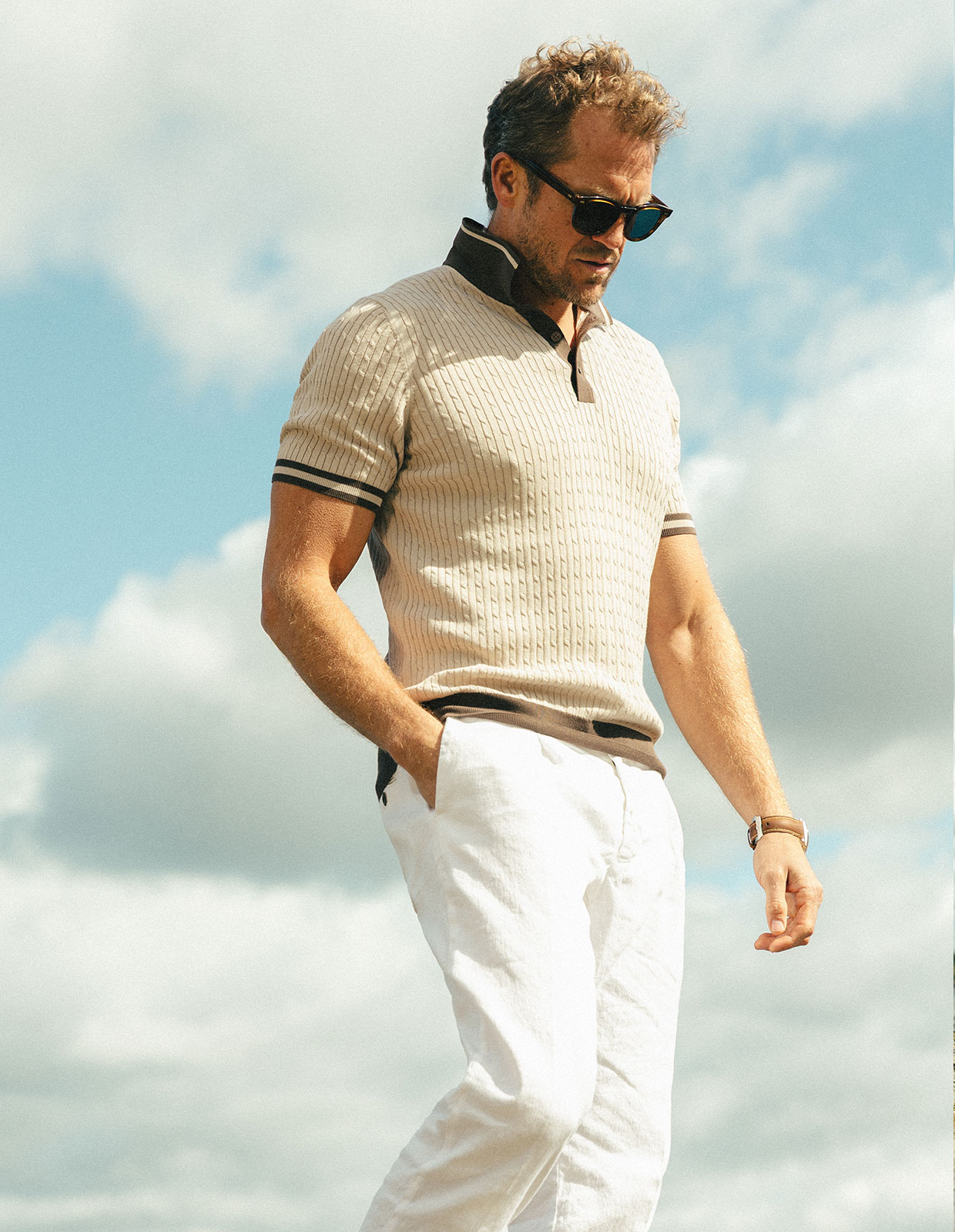 Cable Retro Polo Shirt Ljusbeige/Brun