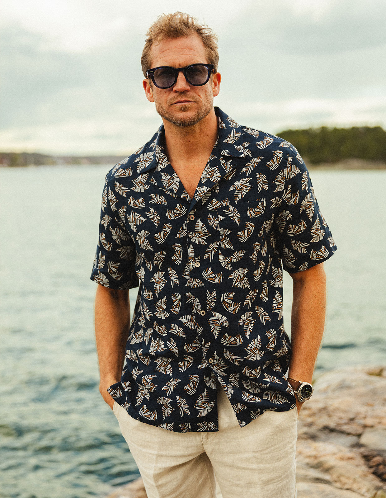 Resort Skjorta Linne Blå/Vit Mönstrad