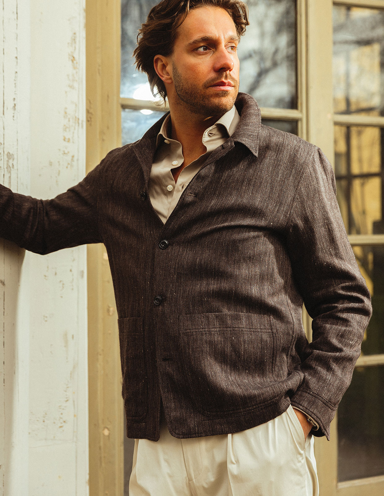 Cameron Overshirt Linne Ull Fiskben Brun