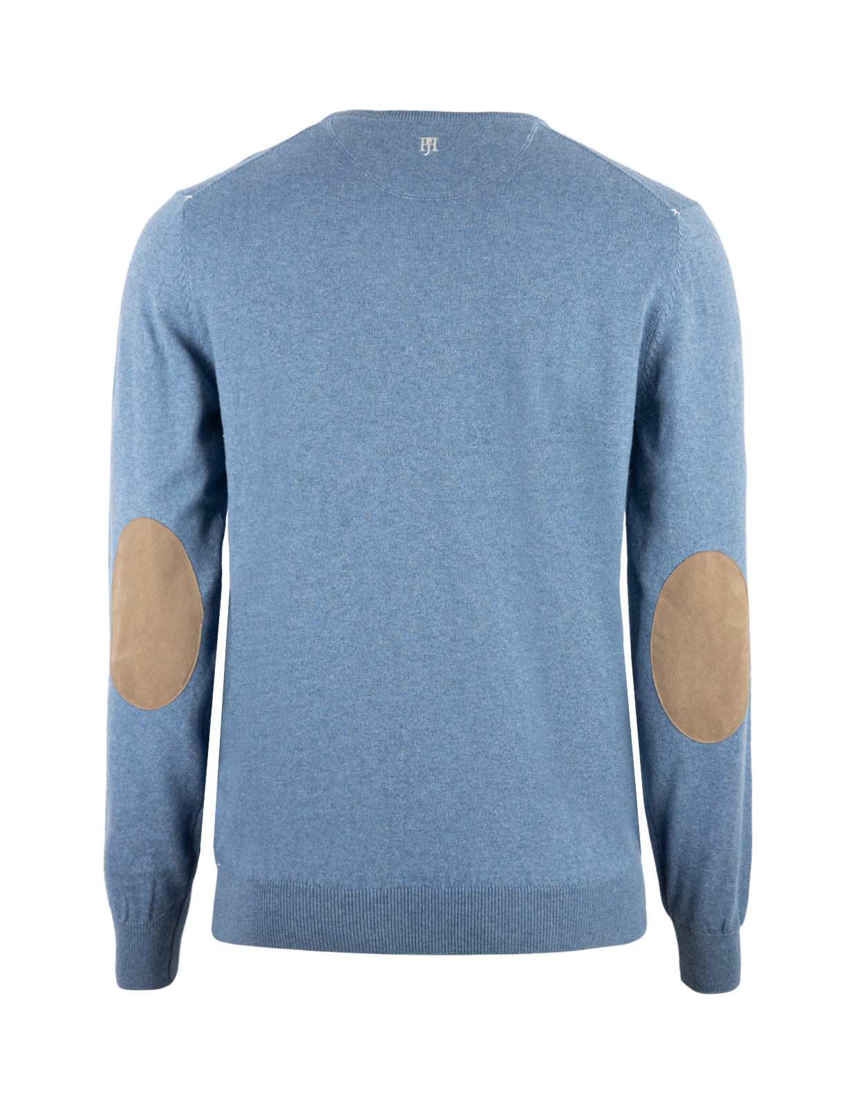 Tröja Rundhals Ärmpatch Bomull Cashmere Mellanblå