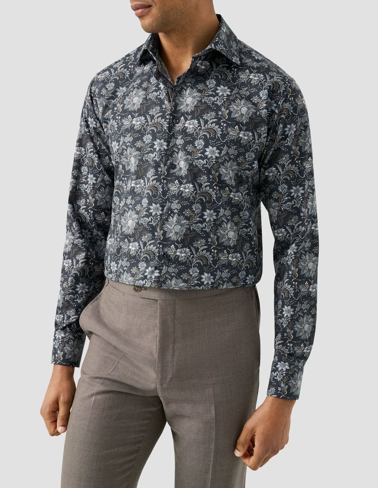 Contemporary Fit Skjorta Bomull Mörkblå Blommig