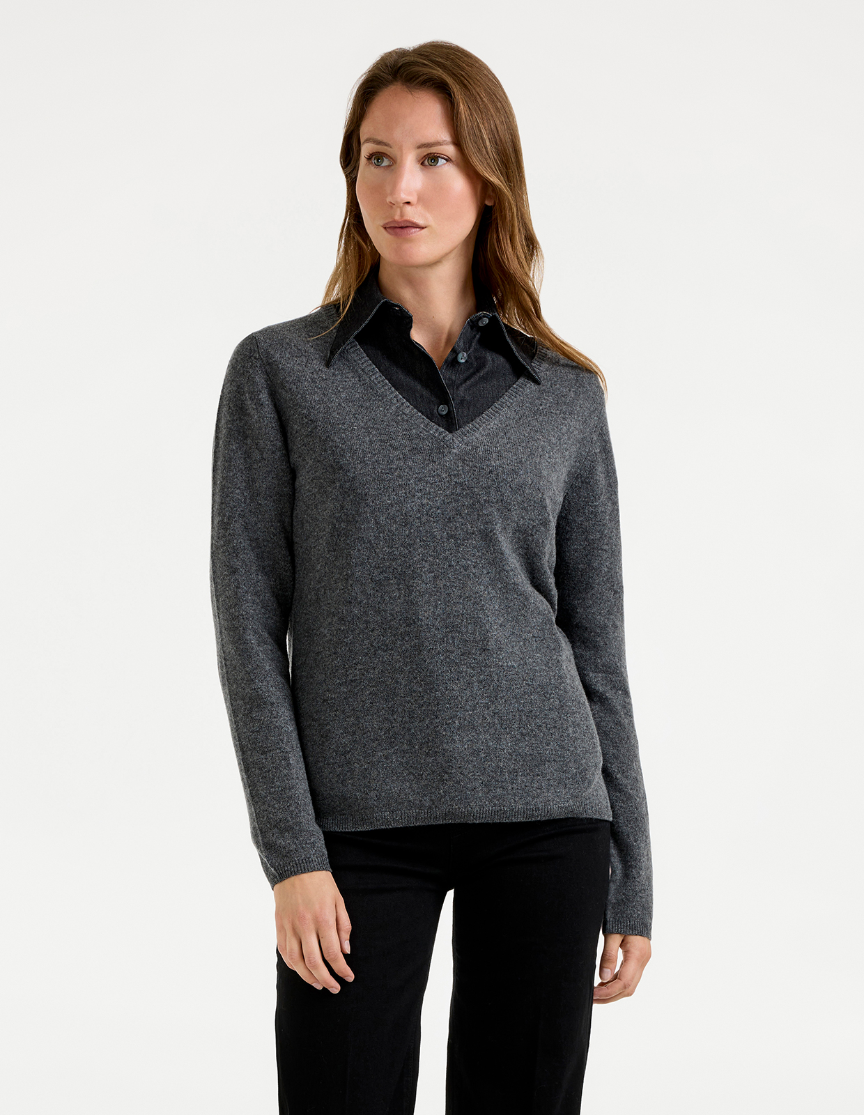 Smilla V-ringad Ull/Cashmere Gråmelange