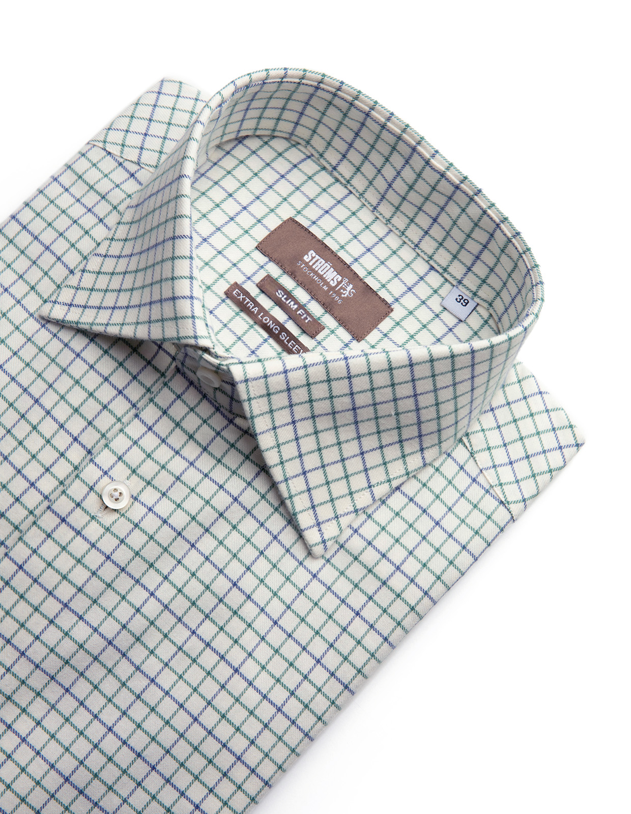 Slim Fit Extra Lång Ärm Skjorta Tattersall Vit/Grön/Blå