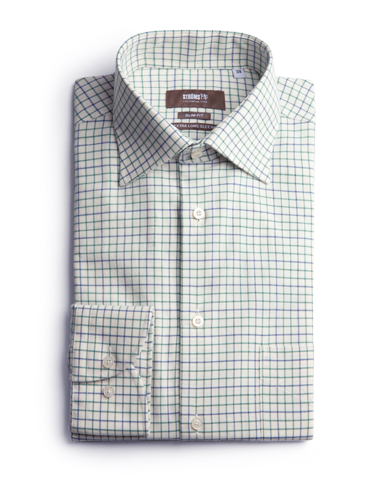 Slim Fit Extra Lång Ärm Skjorta Tattersall Vit/Grön/Blå XLÄ44