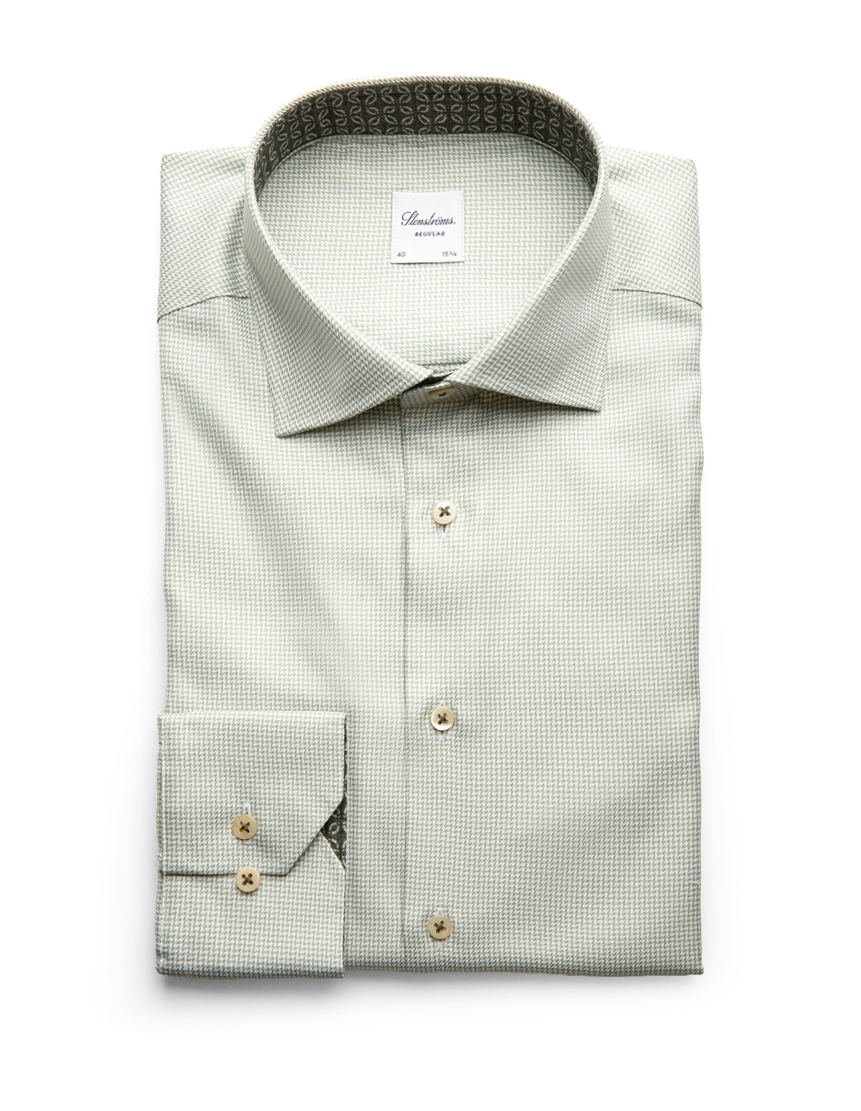 Regular Skjorta Bomull Mikrohundtandsmönster Olivgrön