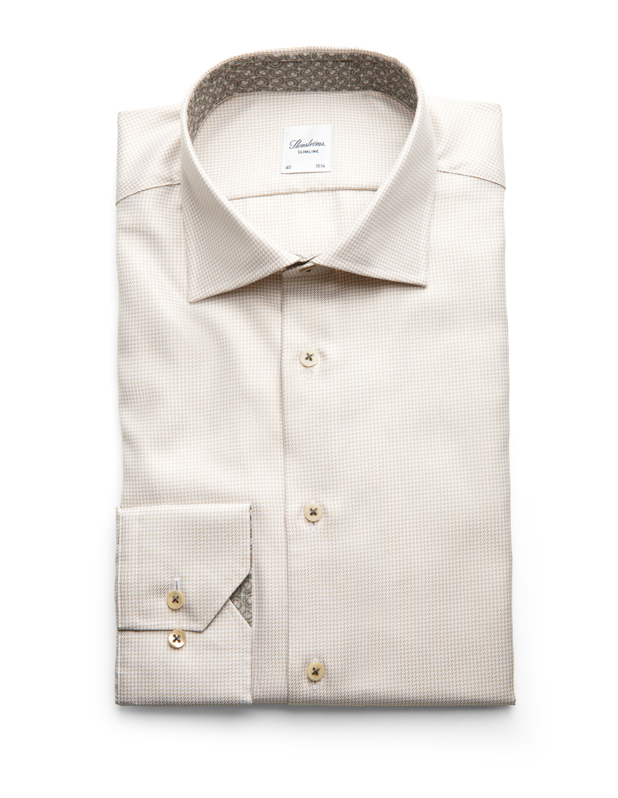 Slimline Kontrast Skjorta Bomull Mikrohundtandsmönster Beige