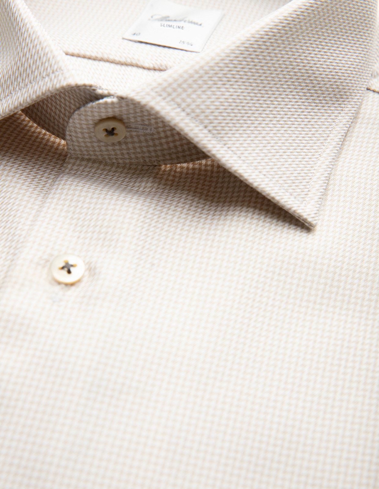 Slimline Kontrast Skjorta Bomull Mikrohundtandsmönster Beige