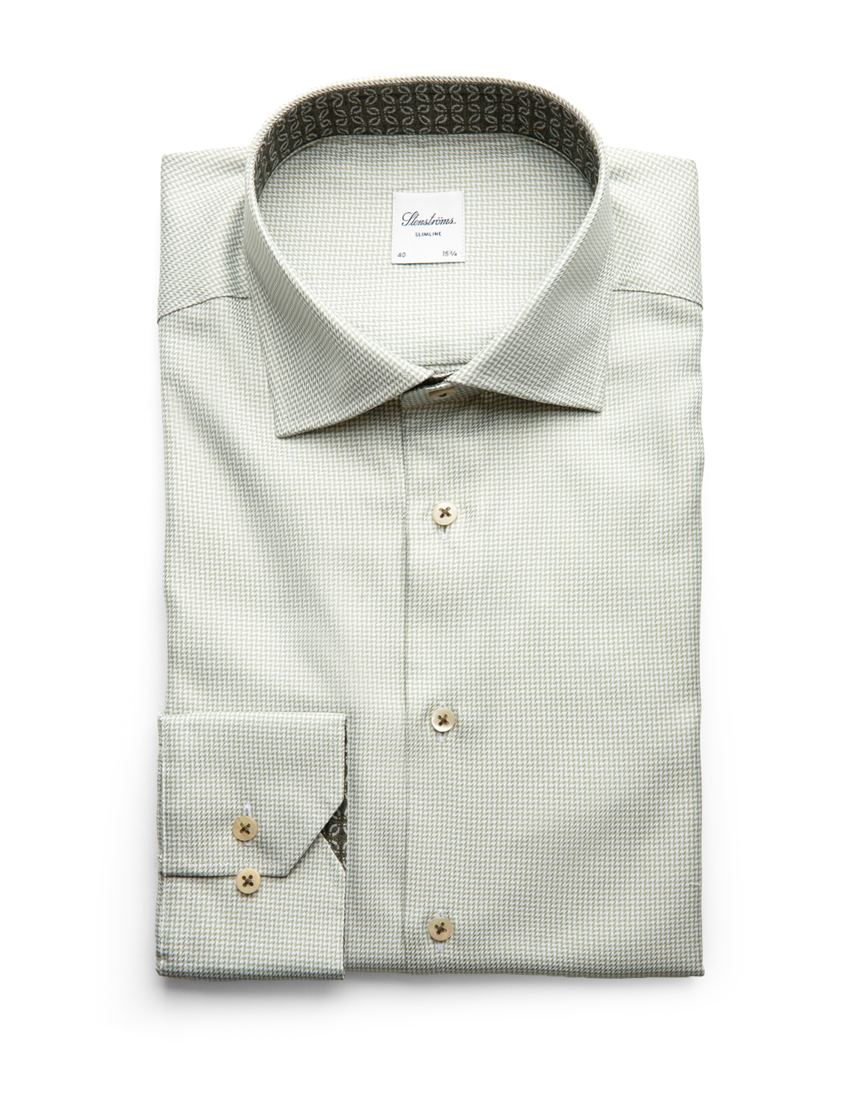 Slimline Kontrast Skjorta Bomull Mikrohundtandsmönster Olivgrön