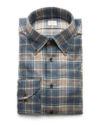 Slimline Skjorta Flanell Bomull Rutig Blå/Beige S