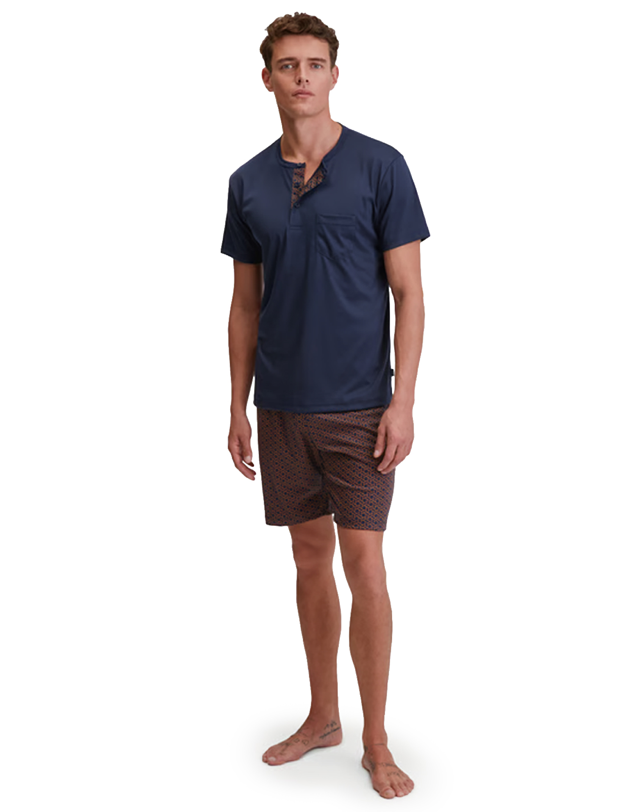 Pyjamas Kort Pima Cotton Mörkblå/Vinröd