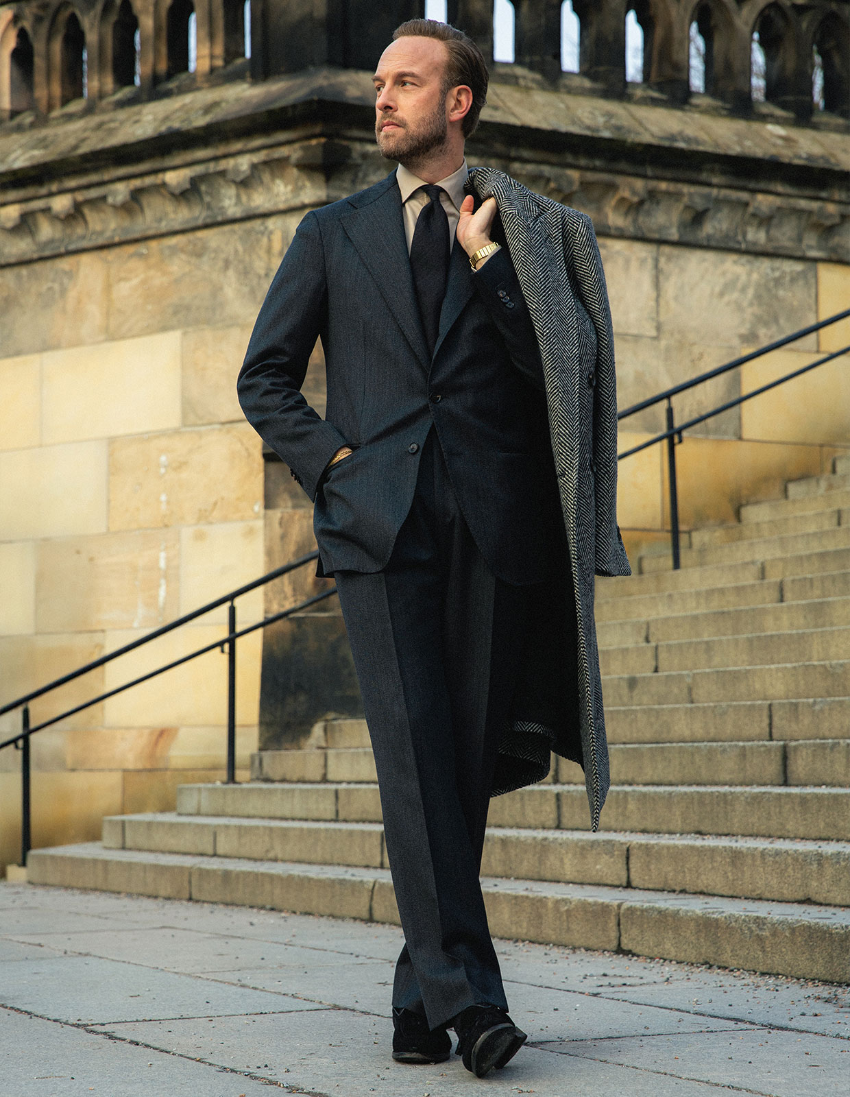 Sartorial Trouser II Dubbelplissering Covert Ull Mörkgrå