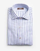 Casual Fit Skjorta Helskuren Krage Bomull Linne Randig Ljusblå/Vit