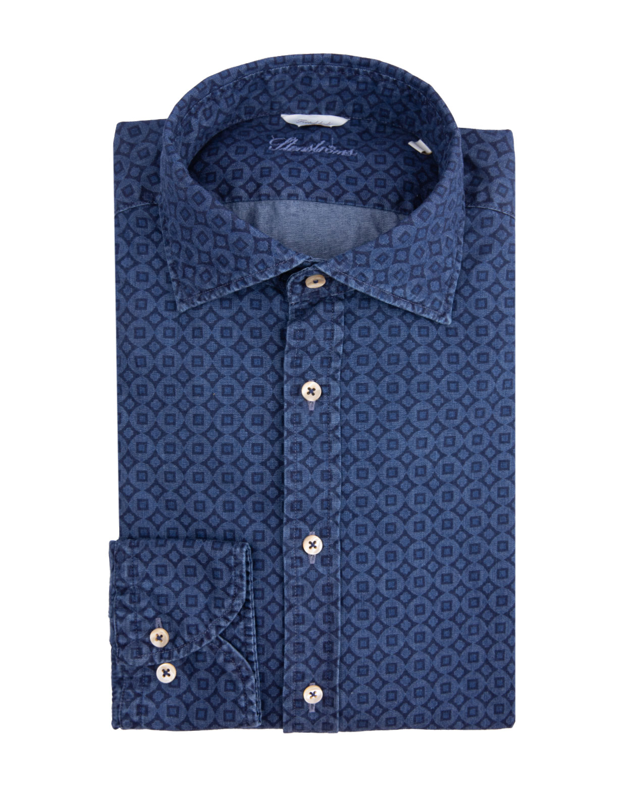 Casual Fitted Body Shirt Medallion Pattern Denim Blue